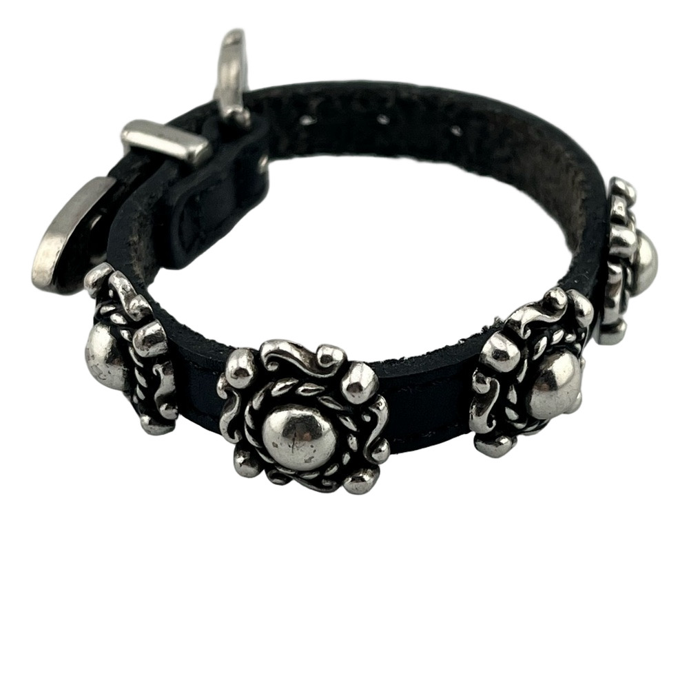 Black Leather 1996 Silvertone Conchos Buckle Hardware Adjustable Bracelet 8"